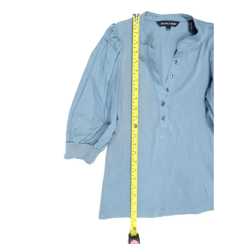Veronica Beard Dusty Blue Ribbed Cotton Puff Sleeve Quiet Luxuy Capsule Top S - Picture 12 of 15